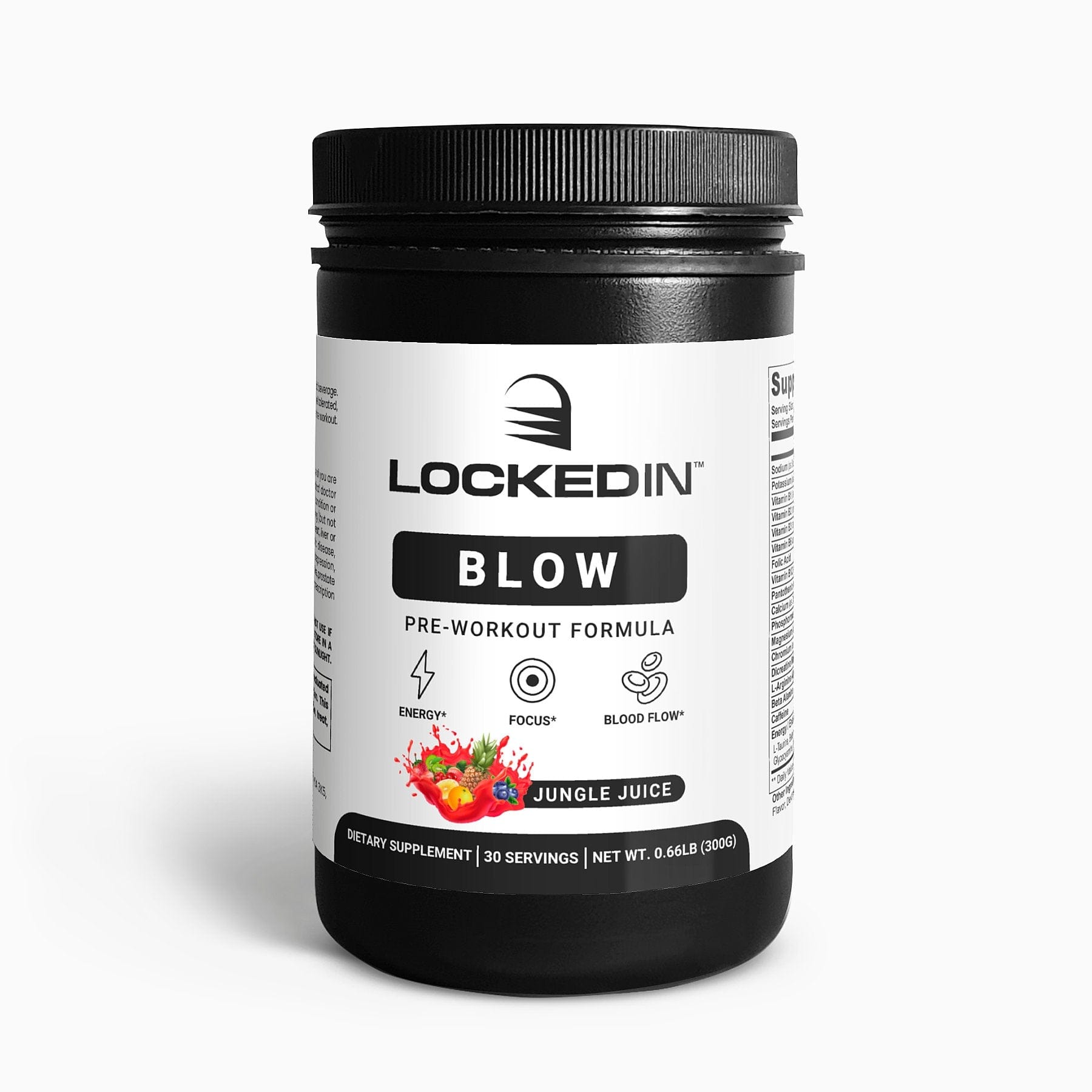 Locked In Blow Pre-Workout Formula - 30 Servings of jungle juice flavour for Energy, Focus & Blood Flow on a white background. 