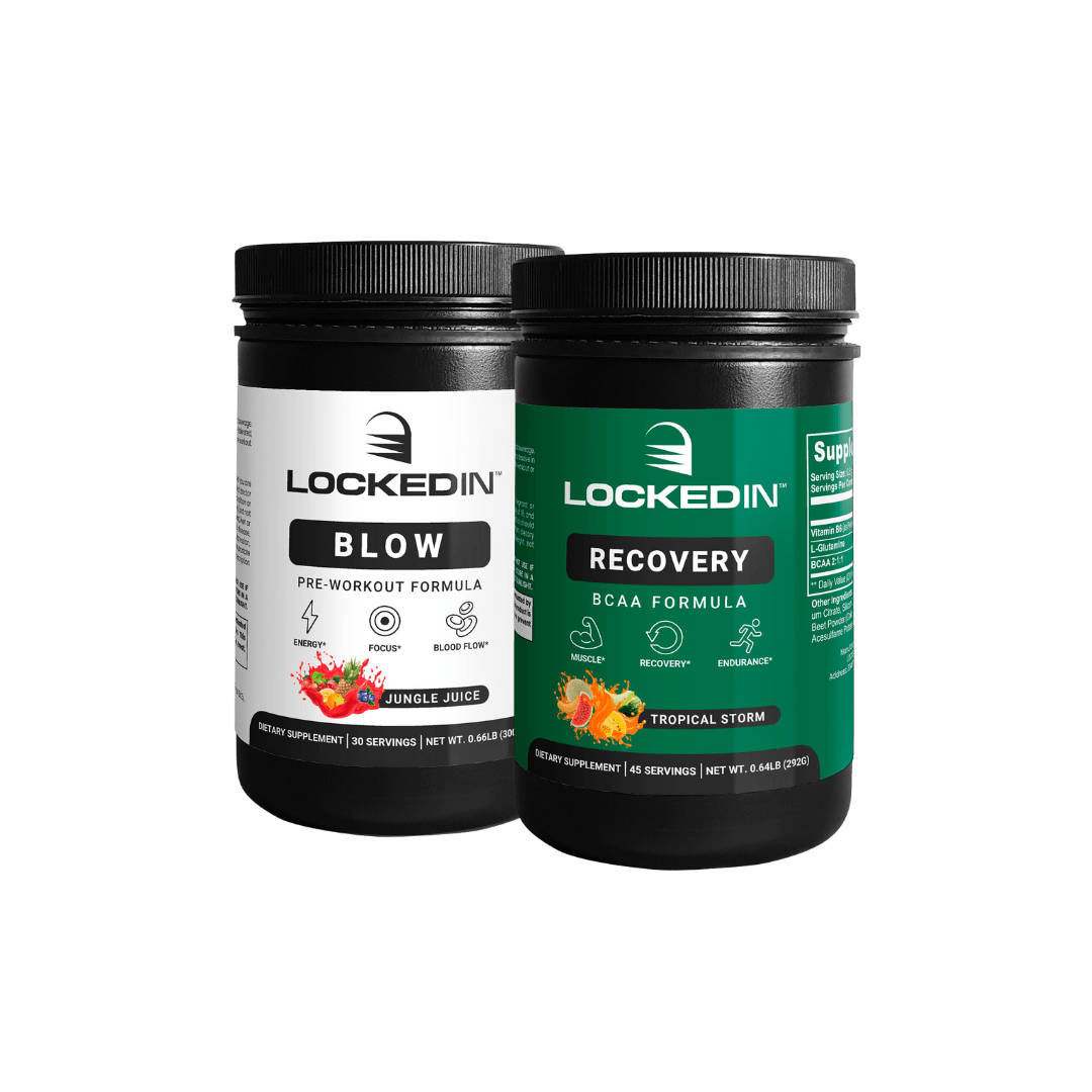 Locked In Blow Pre-Workout Formula and Locked In Recovery BCAA Formula side by side on a transparent background