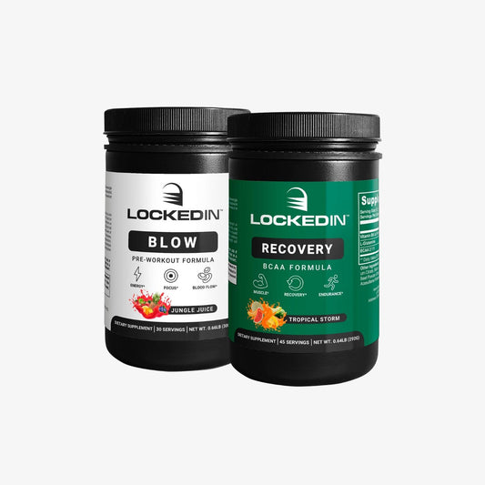 Locked In Blow Pre-Workout Formula and Locked In Recovery BCAA Formula side by side on a white background