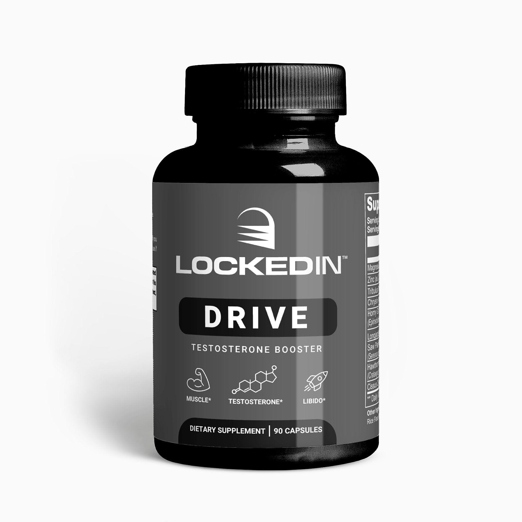 Locked In Drive Testosterone Booster - 90 Capsules for Muscle, Testosterone, Libido on white background.