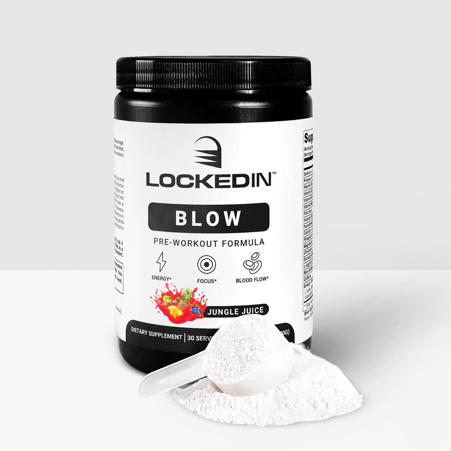 Locked In Blow Pre-Workout Formula - 30 Servings of jungle juice flavour for Energy, Focus & Blood Flow on a white background. 