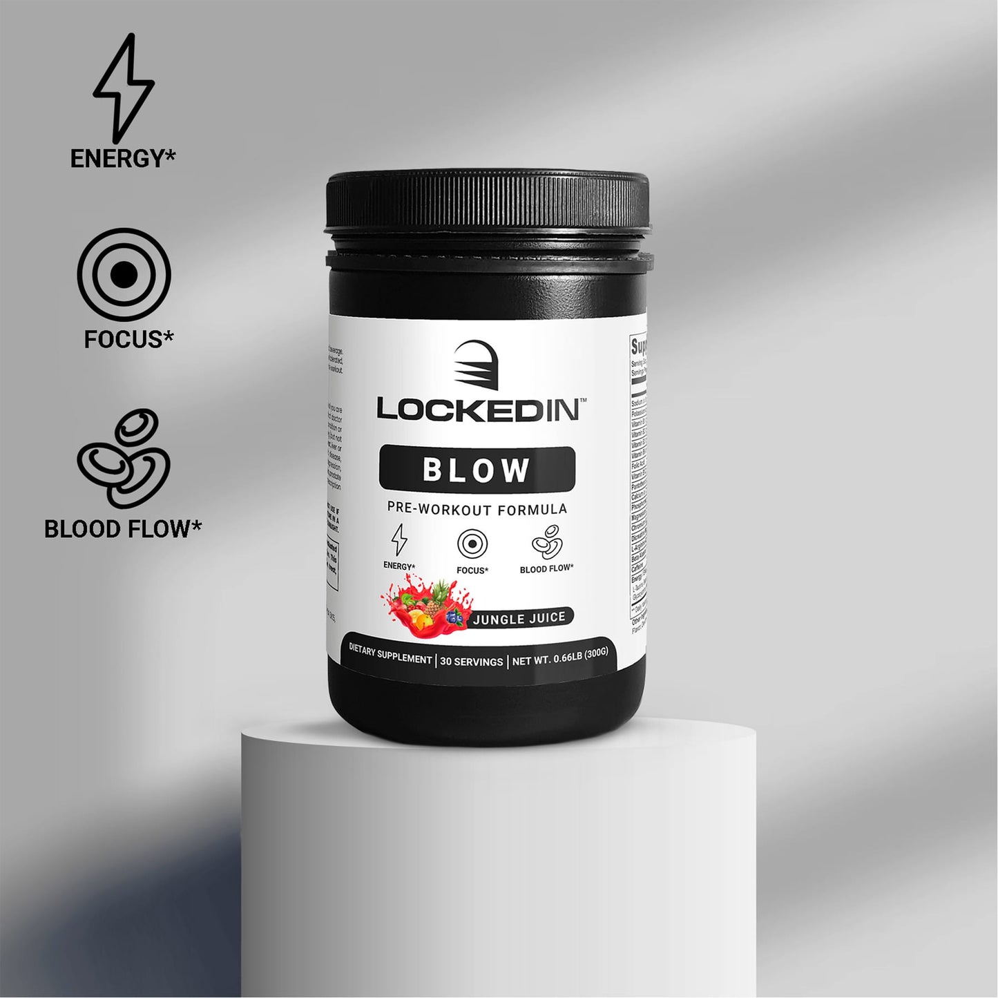 Locked In Blow Pre-Workout Formula container displayed on a white pedestal with icons for energy, focus, and blood flow.