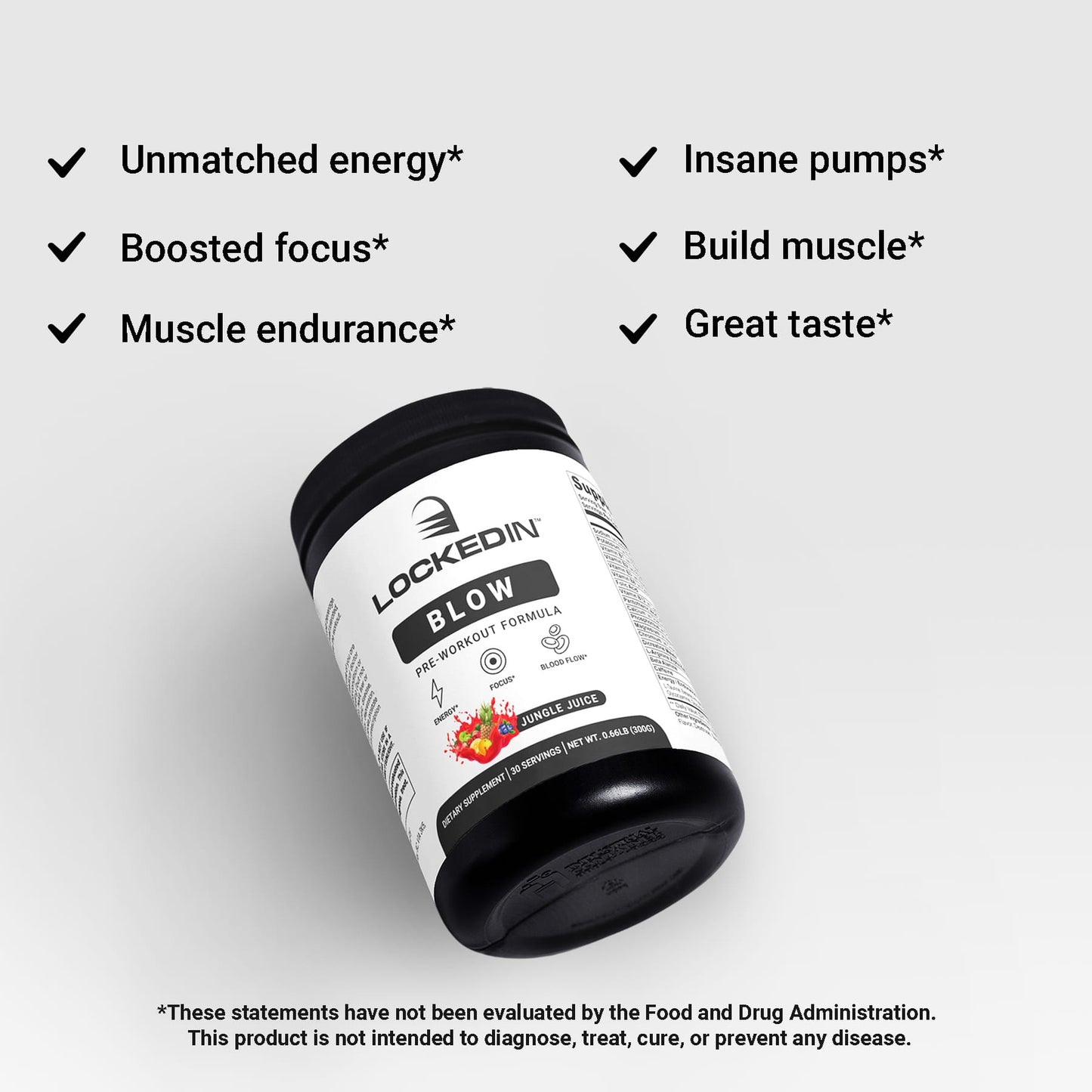 Locked In Blow Pre-Workout Formula, angled on white gradient background, checkmark benefits listed.