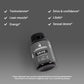 Locked In Drive Testosterone Booster, angled on gray gradient background, checkmark benefits listed.