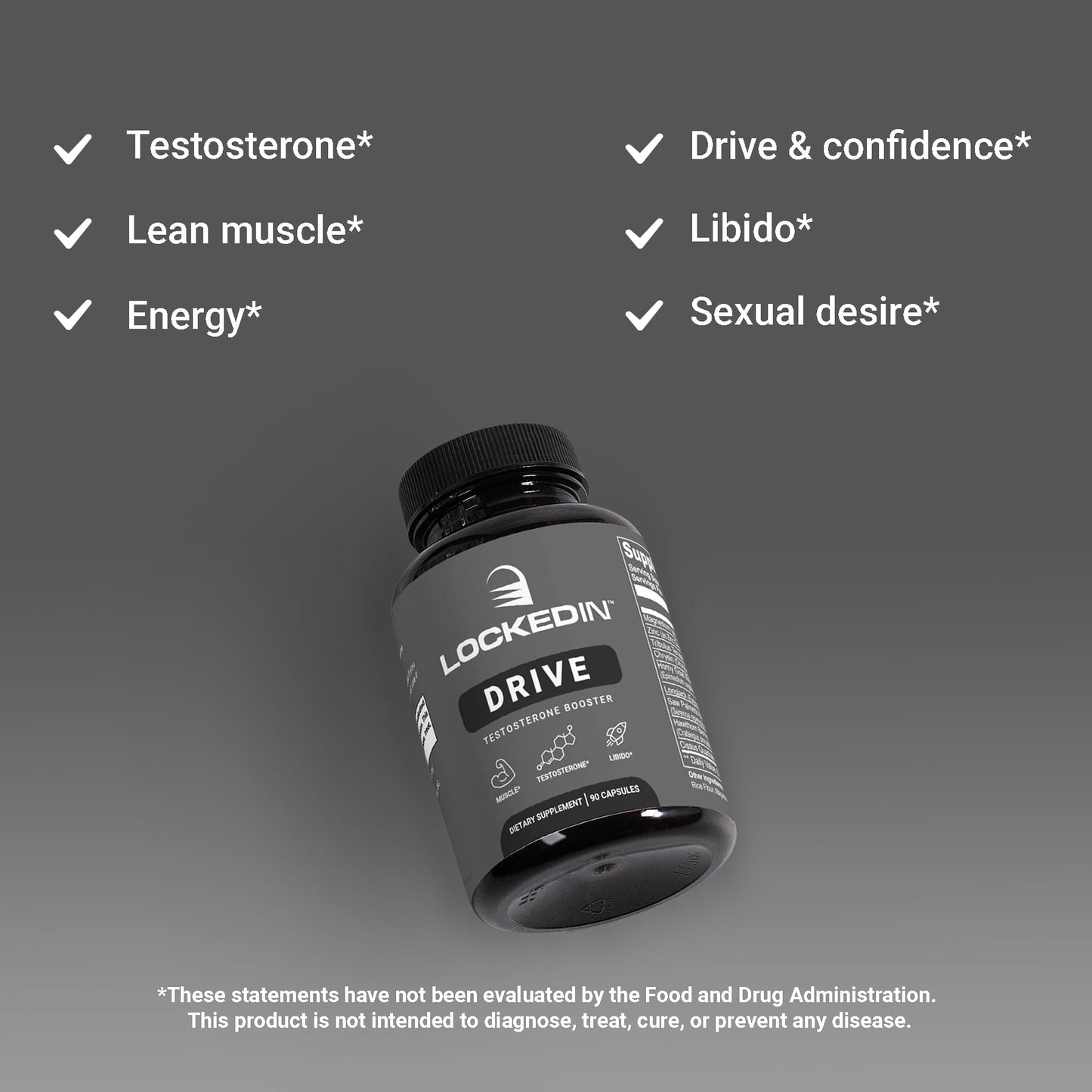 Locked In Drive Testosterone Booster, angled on gray gradient background, checkmark benefits listed.