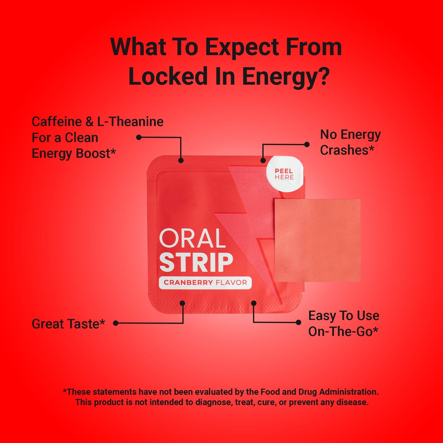 Locked In Energy strip on red background with four benefits listed.