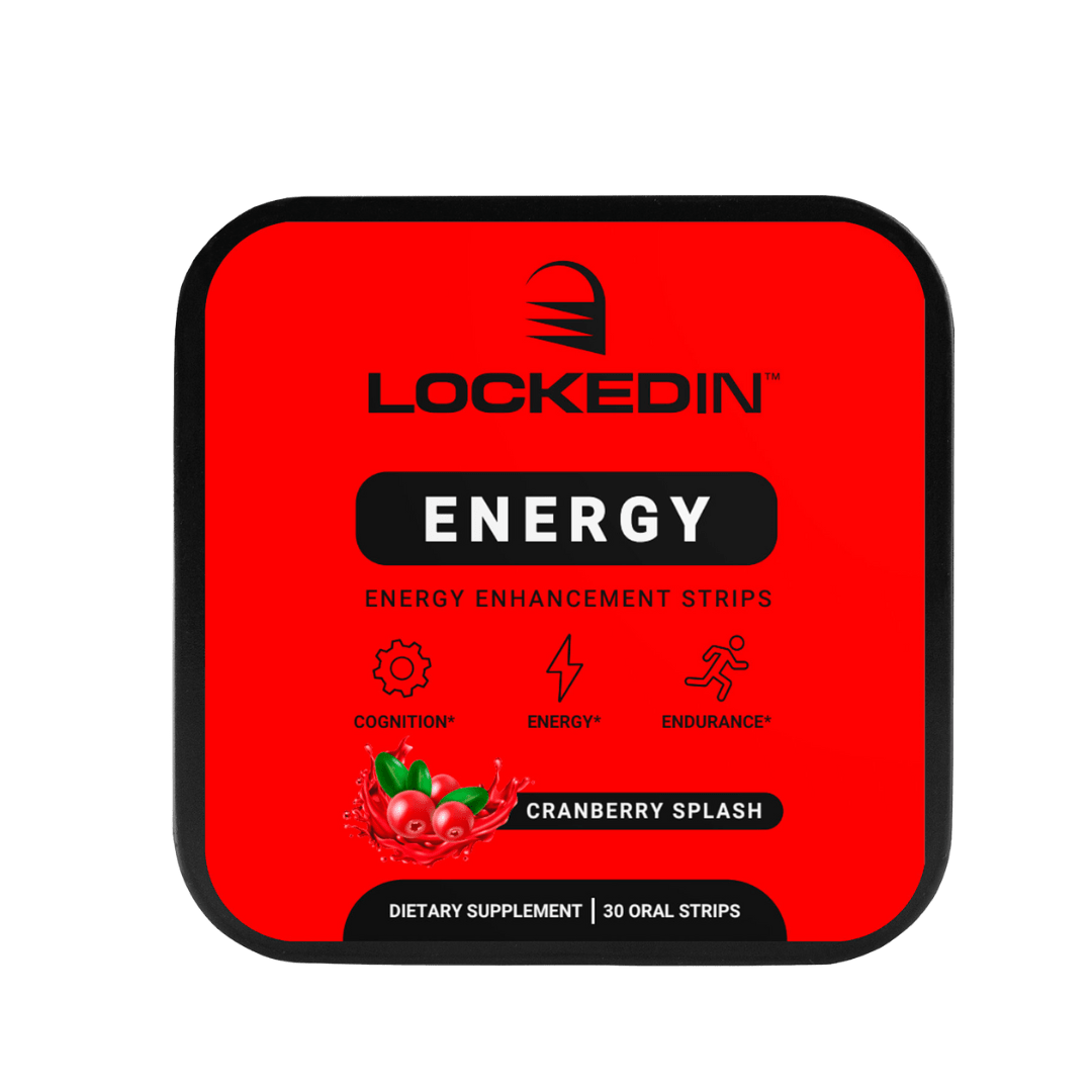 Locked In Energy- Energy Enhancement Strips- 30 Servings of cranberry splash flavor for cognition, energy & endurance. transparent background.