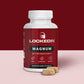 Locked In Magnum Male Performance Formula - 60 Tablets for Libido, Blood Flow, Fertility on dark red and white background.