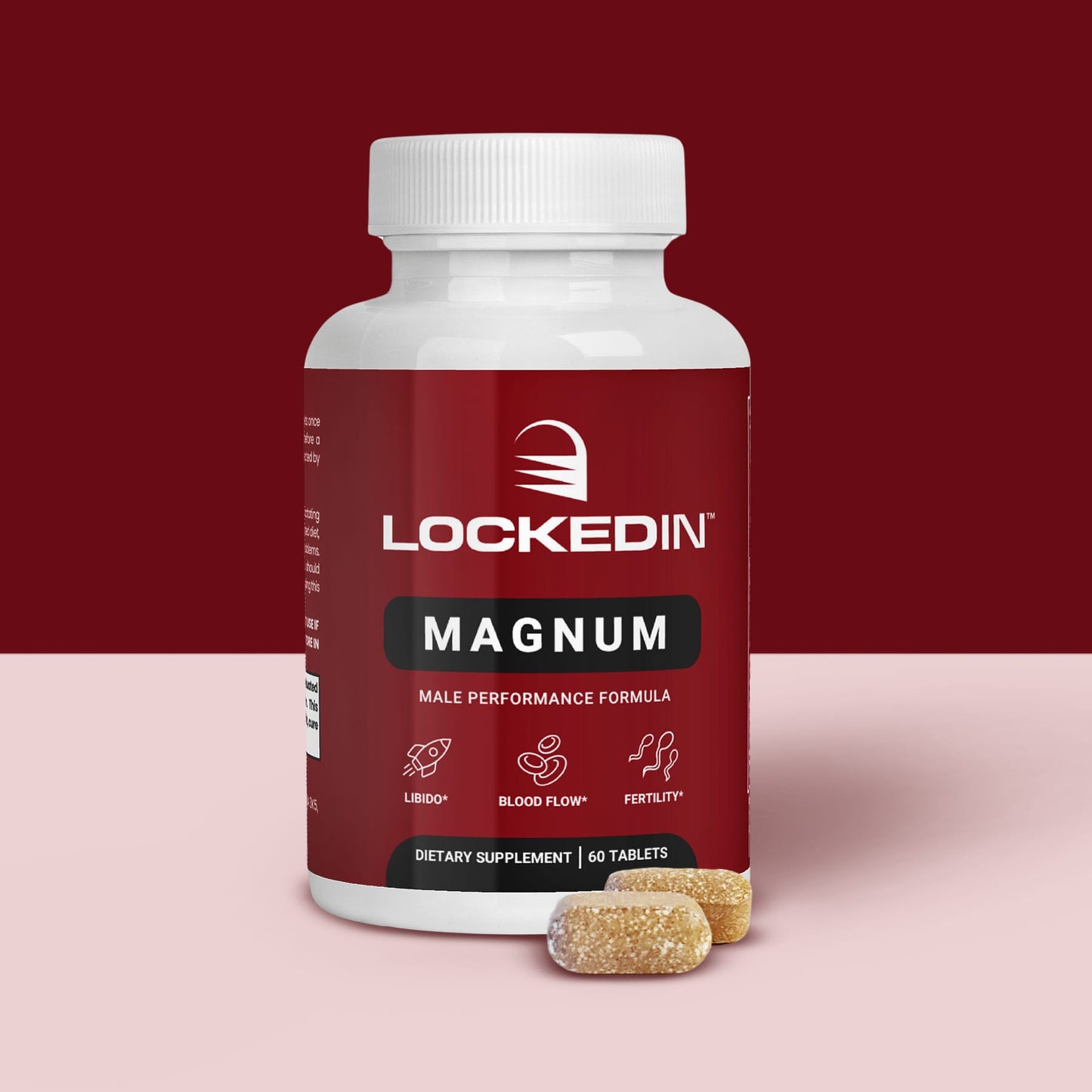 Locked In Magnum Male Performance Formula - 60 Tablets for Libido, Blood Flow, Fertility on dark red and white background.