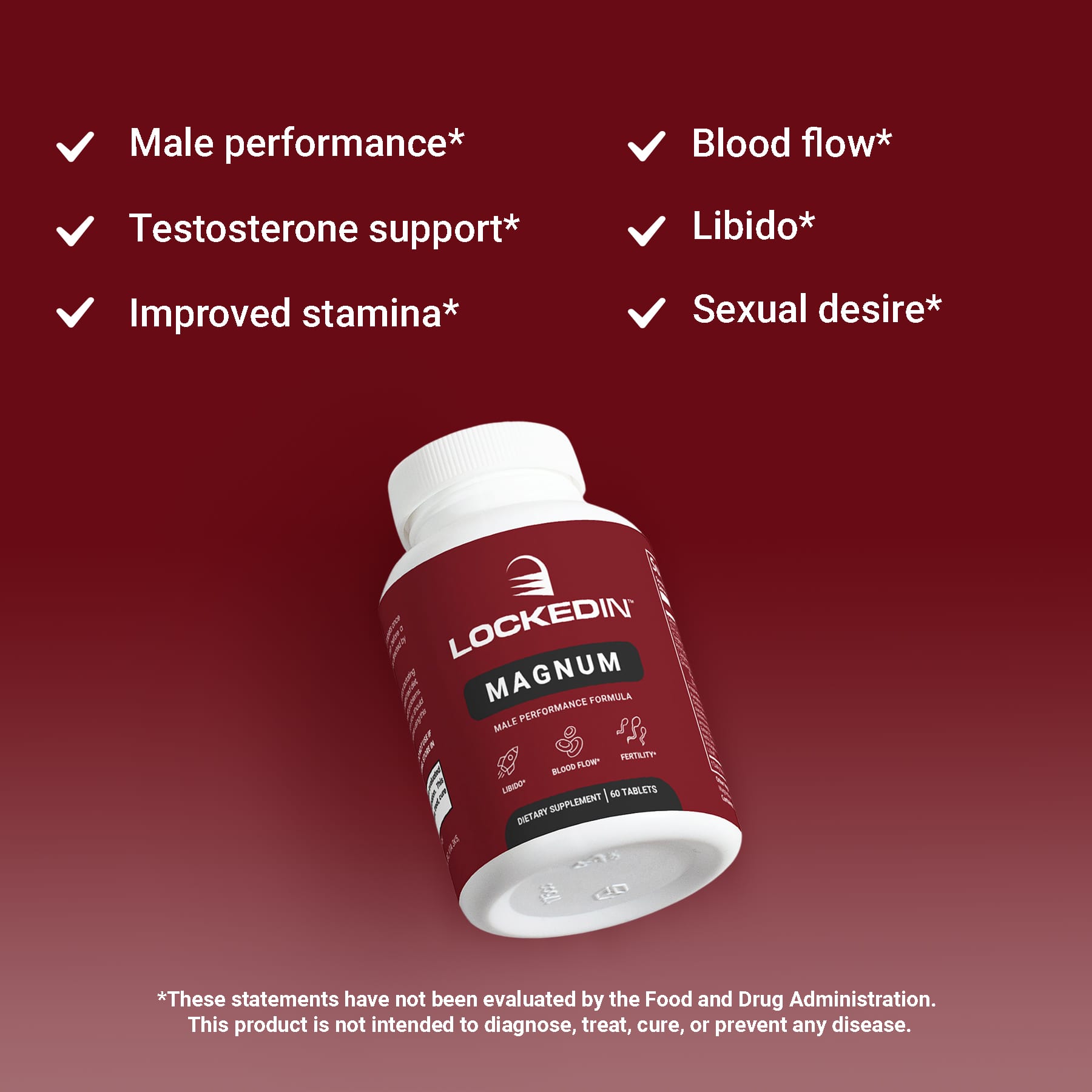 Locked In Magnum Male Performance Formula, angled on dark red gradient background, checkmark benefits listed.