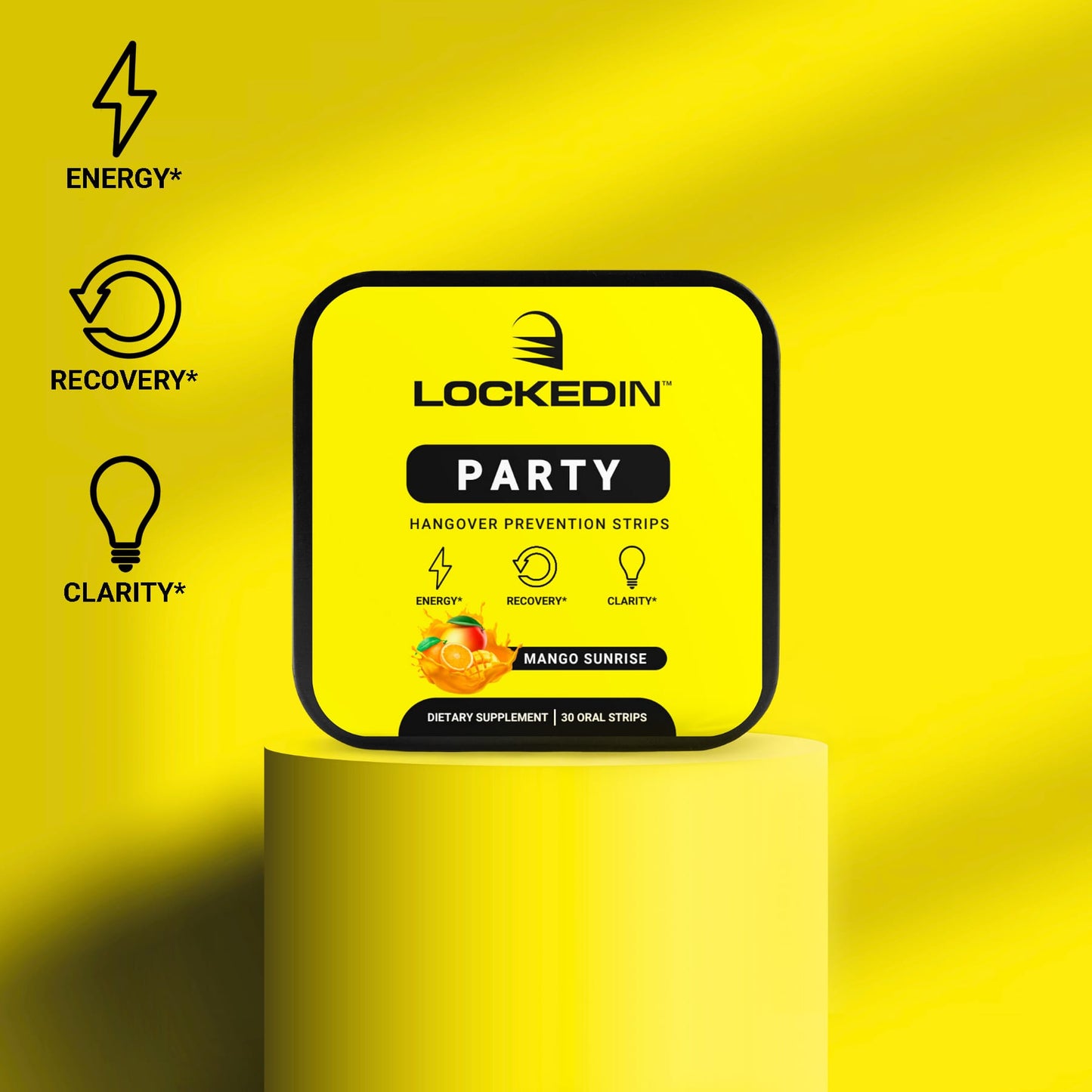 Locked In Party container displayed on a yellow pedestal with icons for energy, recovery, and clarity.