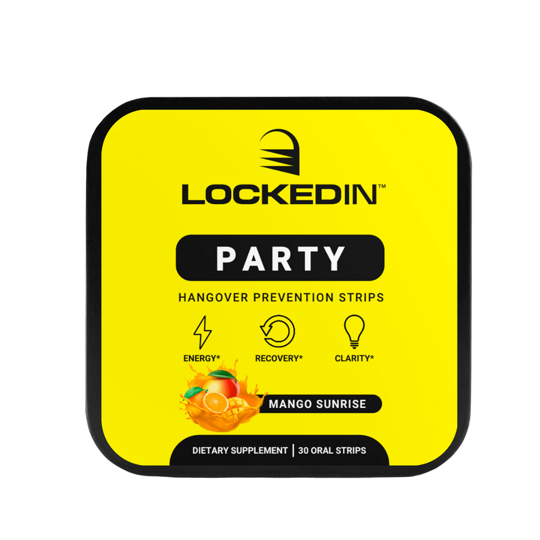 Locked In Party Hangover Prevention Strips- 30 mango-sunrise strips for energy, recovery, clarity. transparent background