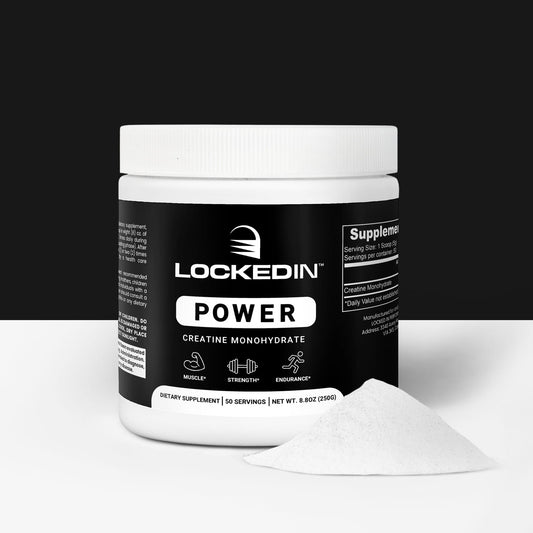 Locked In Power Creatine Monohydrate - 50 Servings for Muscle Growth, Strength & Endurance. Black and white background.