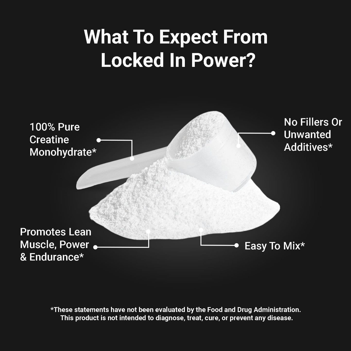 Locked In Power Creatine Monohydrate   scoop on black background with four benefits listed.