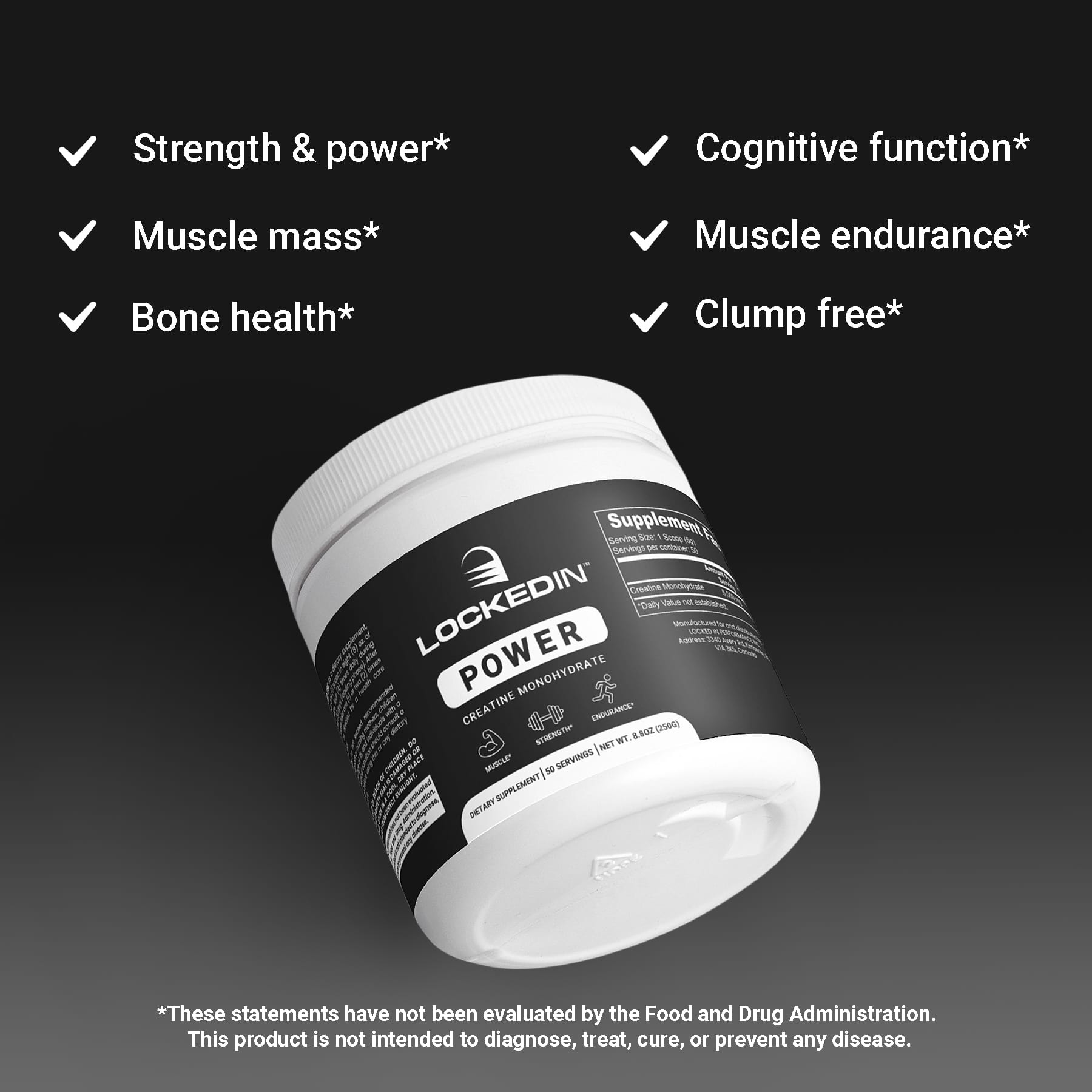 Locked In Power Creatine Monohydrate angled on black gradient background, checkmark benefits listed.