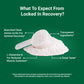 Locked In Recovery BCAA Formula  scoop on green background with four benefits listed.