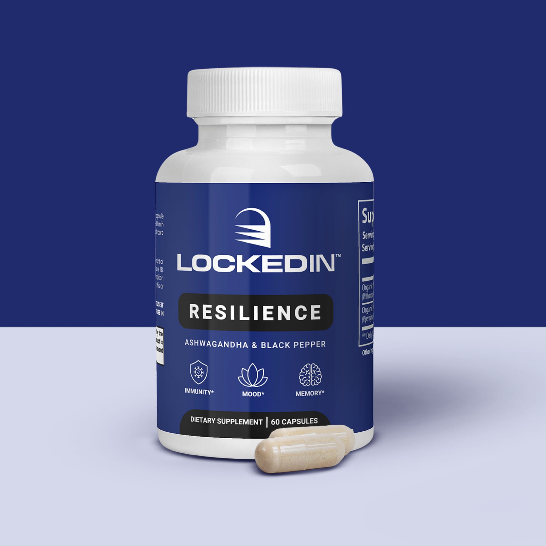 Locked In Resilience Ashwagandha & Black Pepper -  60 Capsules for Immunity, Mood, Memory on dark blue and white background.