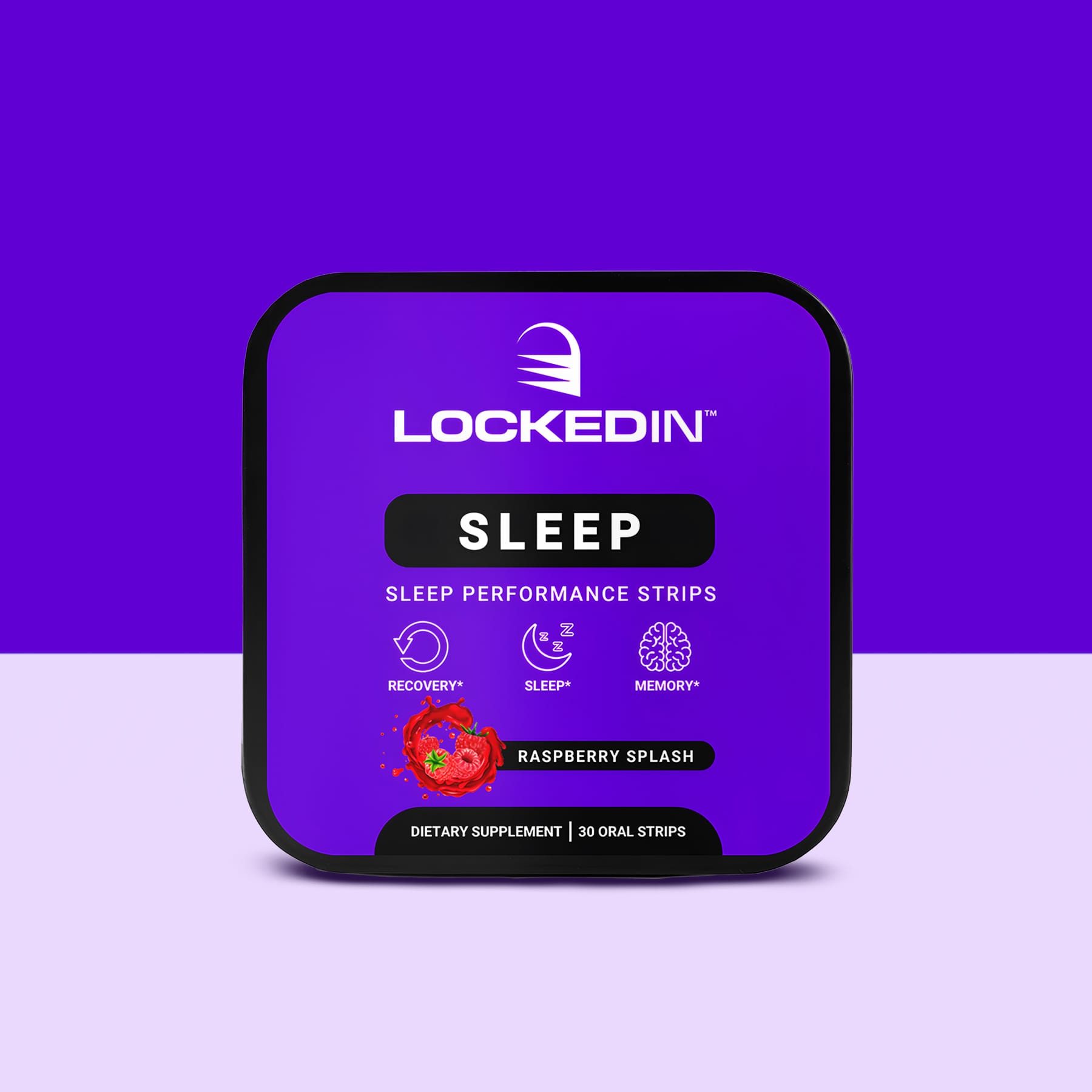 Locked In Sleep- Sleep Performance Strips- 30 Servings of Raspberry Splash flavor for recovery, sleep & memory. purple and white background.