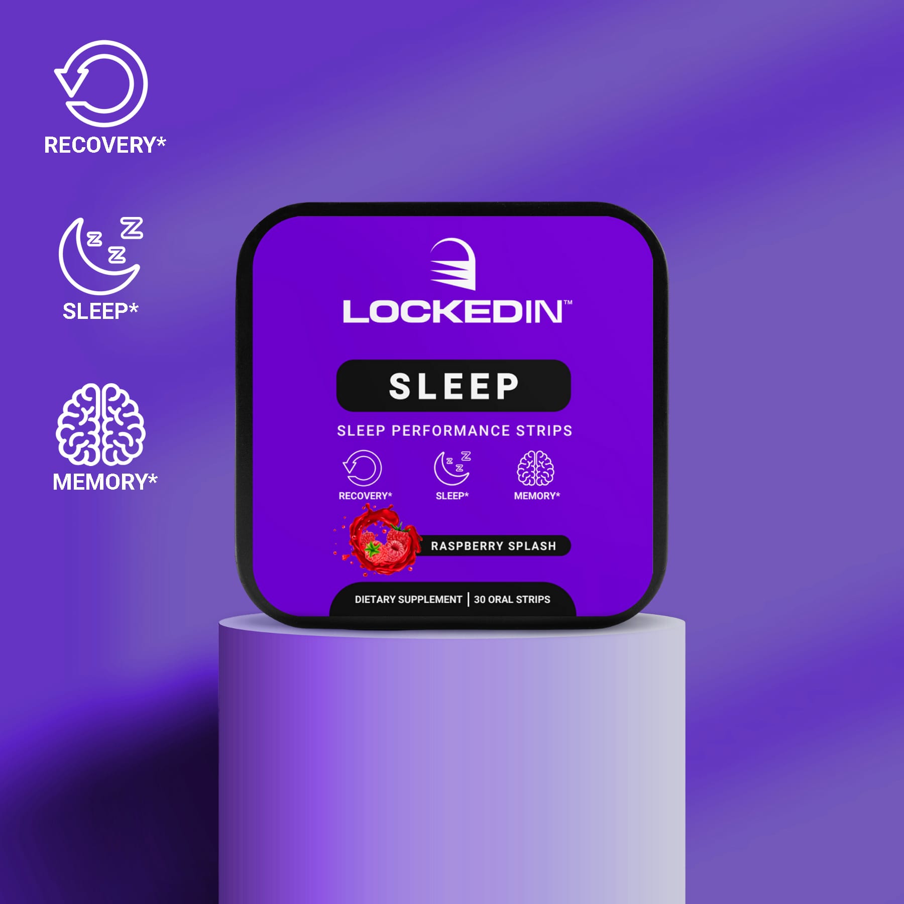 Locked In Sleep container displayed on a purple pedestal with icons for recovery, sleep, and memory