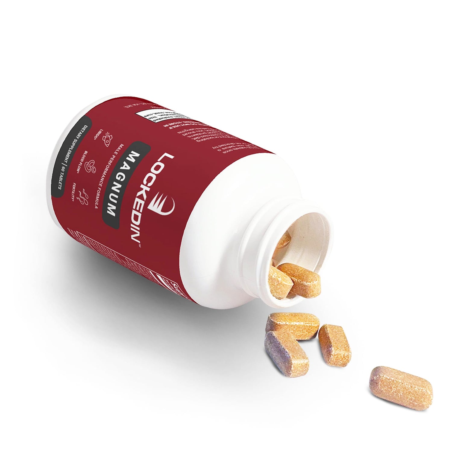 Locked In Magnum Male Performance Formula with tablets pouring out on a white surface.