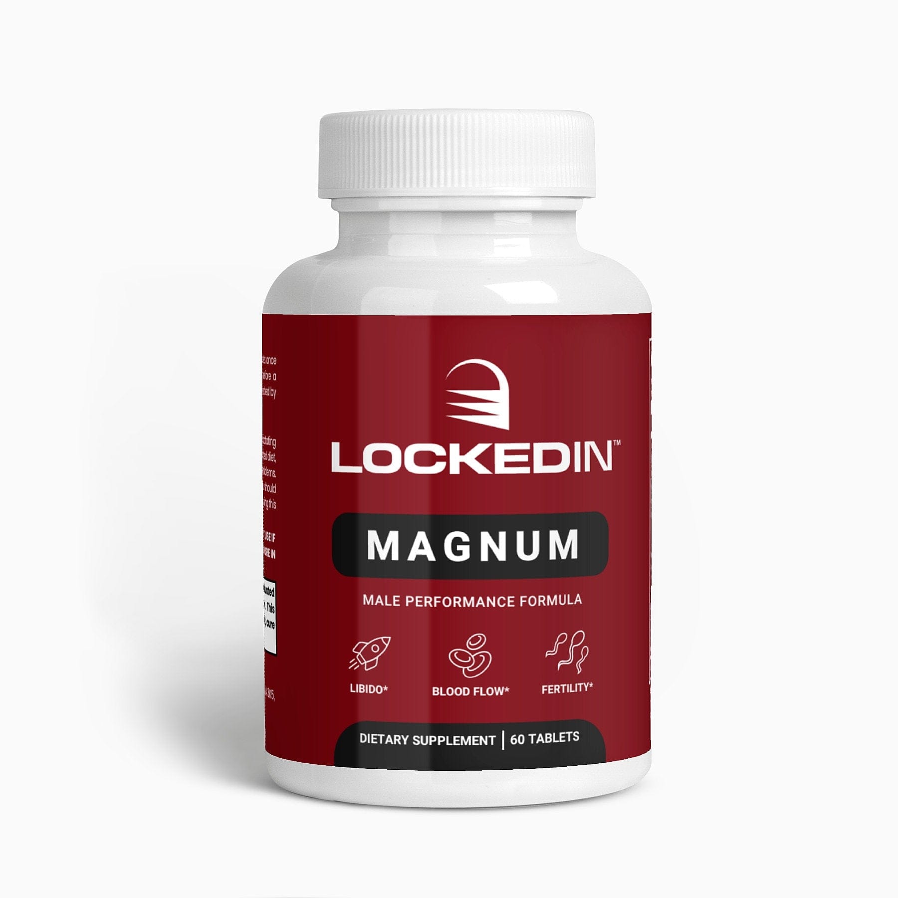 Locked In Magnum Male Performance Formula - 60 Tablets for Libido, Blood Flow, Fertility on white background.