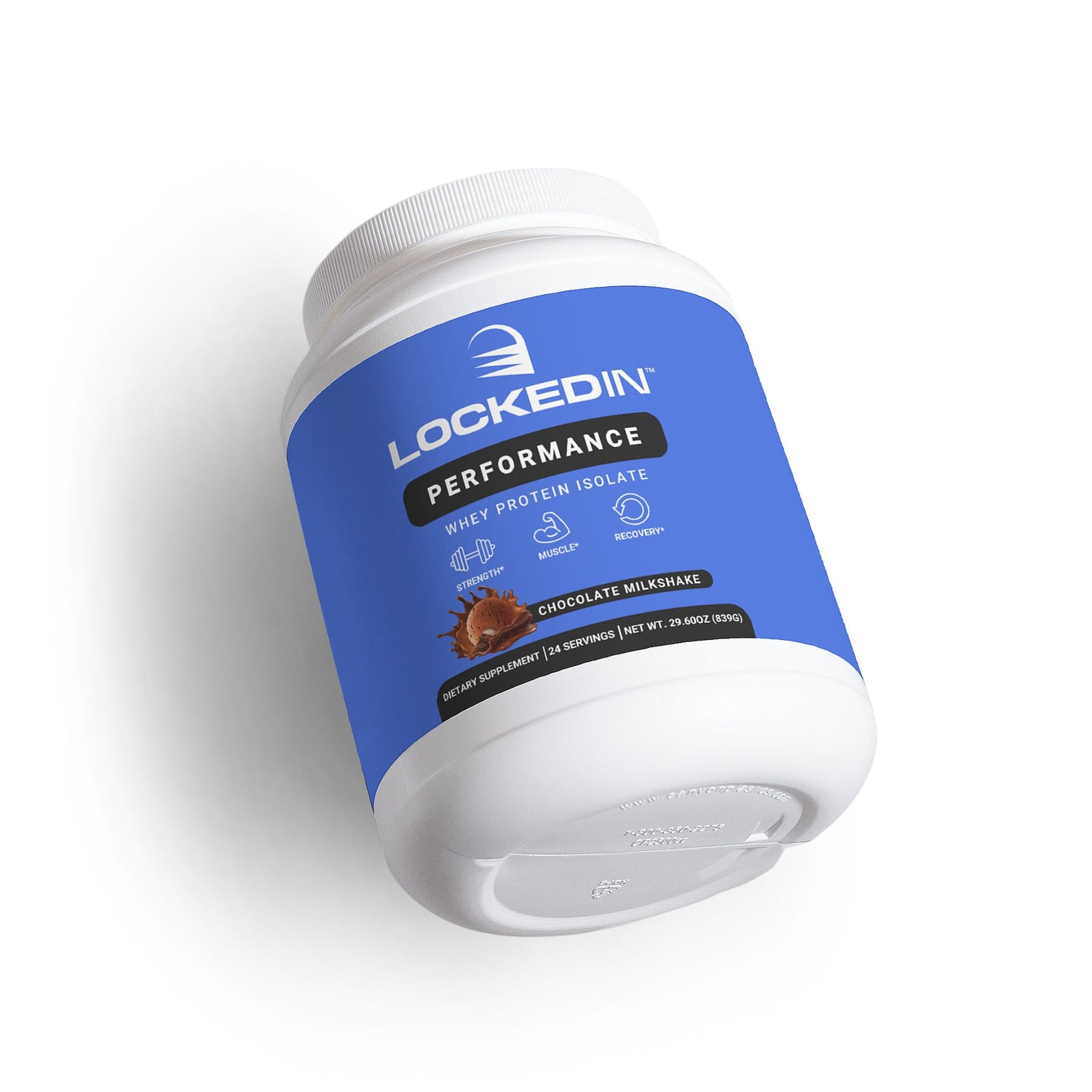 Locked In Performance Whey Protein Isolate angled laying flat on a white surface.