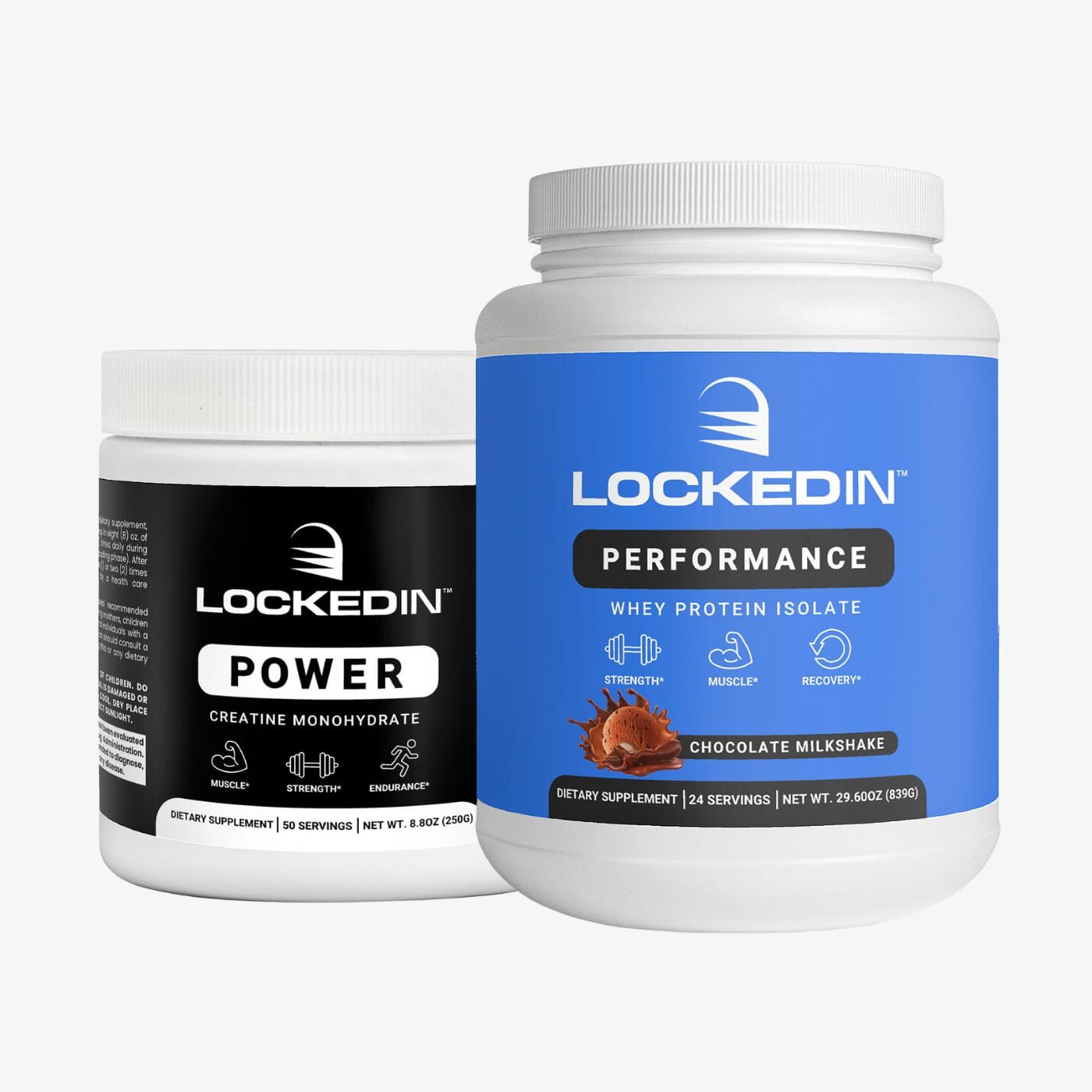 Locked In Power Creatine Monohydrate and Locked In Performance Whey Protein Isolate side by side on a white background