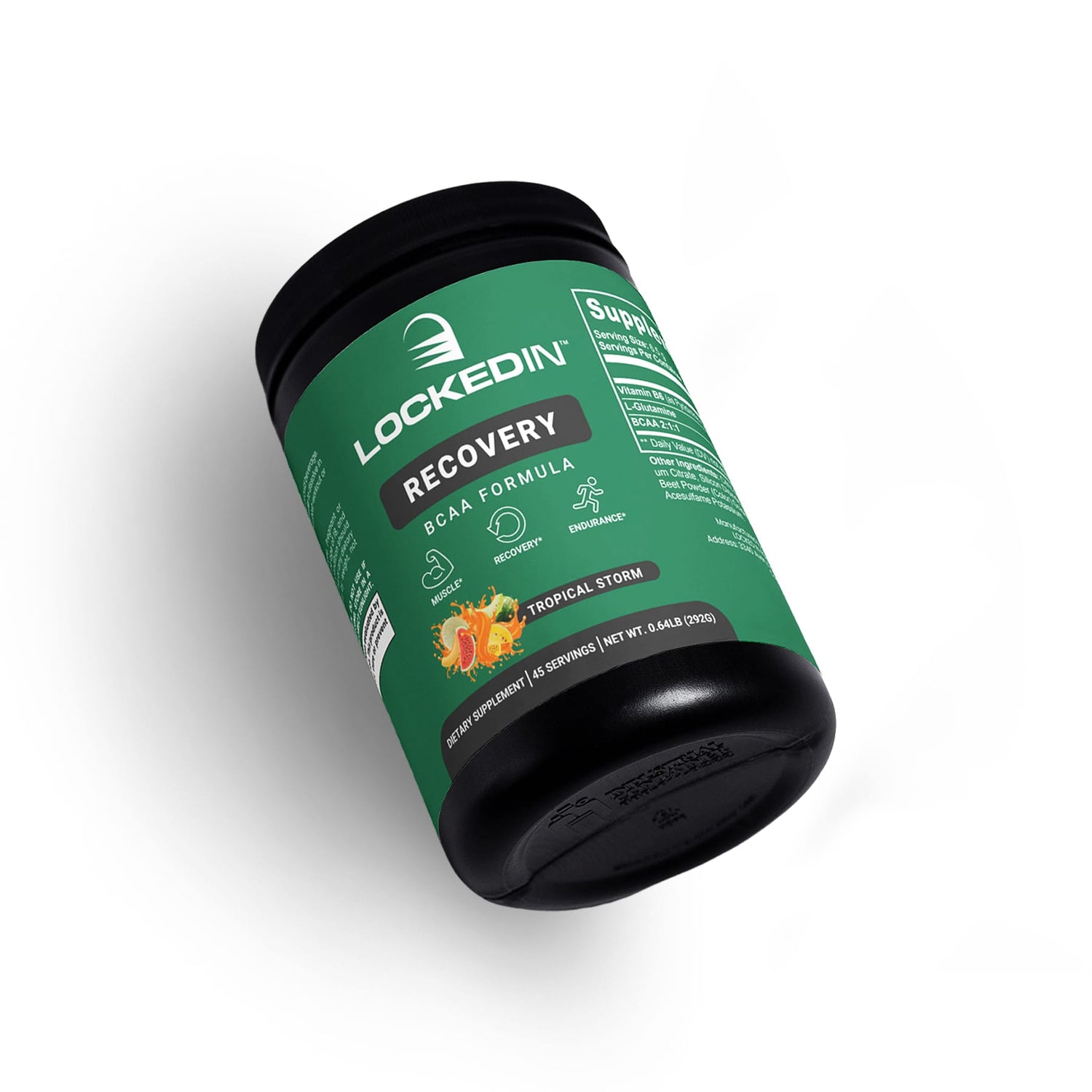 Locked In Recovery BCAA Formula laying flat and angled on white surface