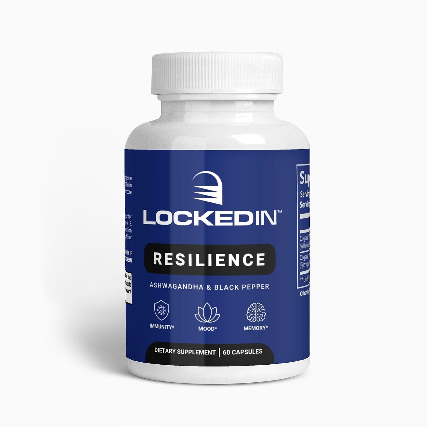 Locked In Resilience Ashwagandha & Black Pepper -  60 Capsules for Immunity, Mood, Memory on white background.