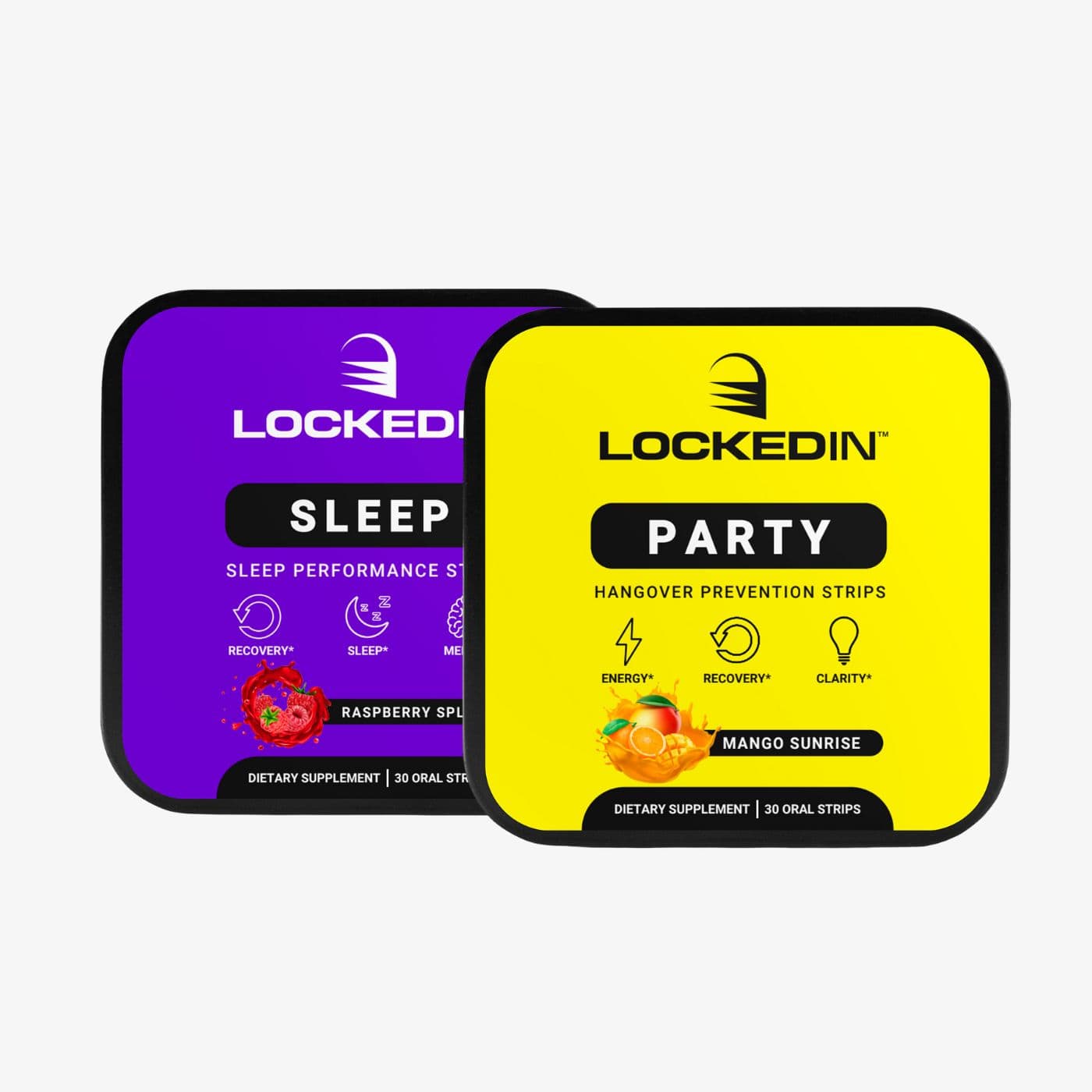 Locked In Sleep Strips and Locked In Party Strips side by side on a white background