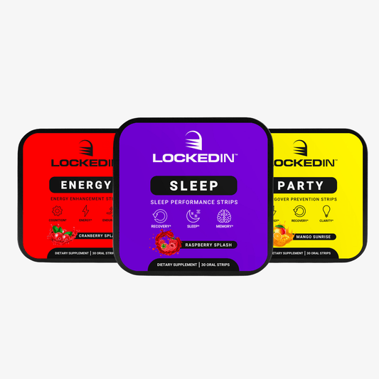 Locked In Energy, Locked In Sleep, and Locked In Party Strips side by side on a white background